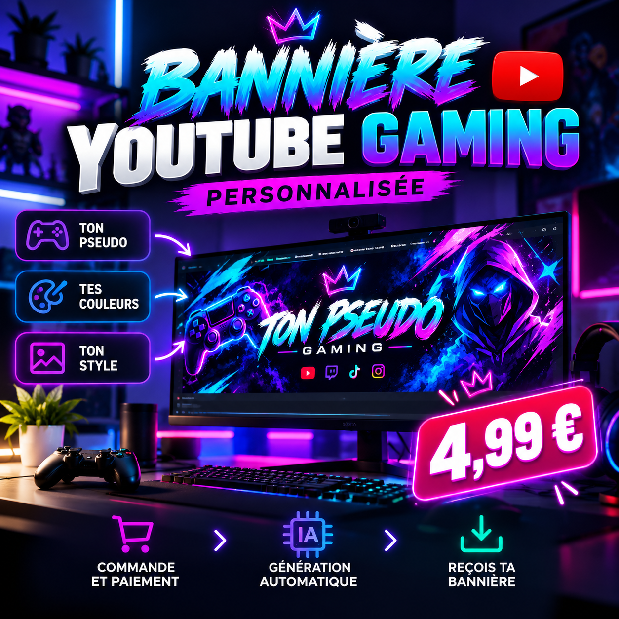 Exemple de bannière YouTube gaming personnalisée aux couleurs néon